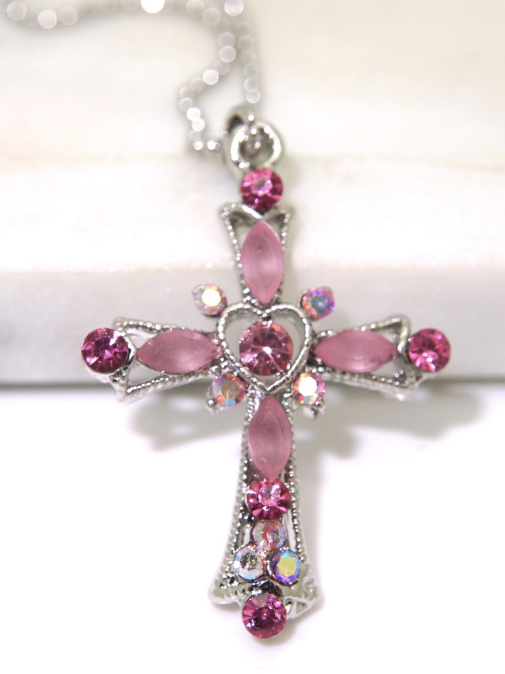 Cross Pendant Crystal Necklace Pinks 1"
